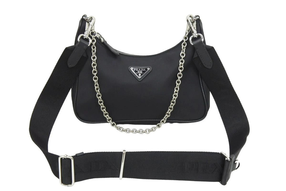Prada Handbag bag triangular plate leather black silver